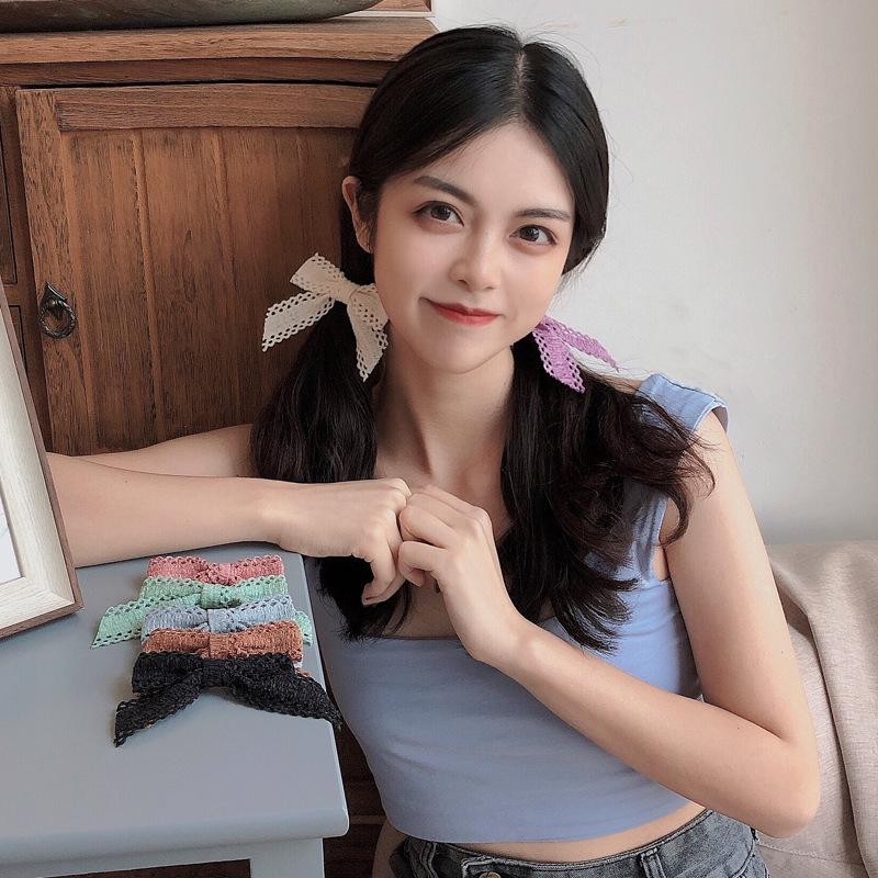 Women Girls Cute Hairpins Hair Rope Lace Hollowed Bow Ribbon Hair Clip Hair Ornament Fashion Headband Black White Hair Accessory