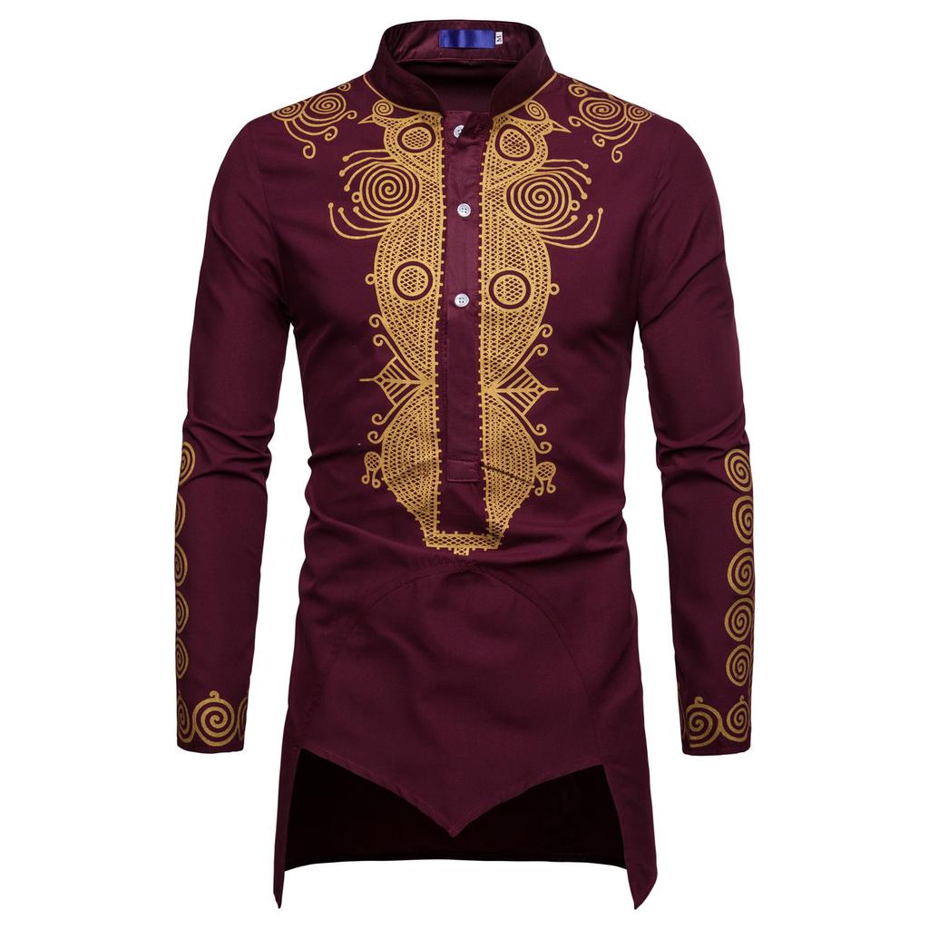 Men Mid-length T-Shirt Vintage Print Long Sleeve Muslim Shirt Man Casual Tee Fashion Tops Plus Size