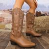 Звезда вышитые ковбойские сапоги женские осенние ретро квадратный каблук высокие до колена Botas Mujer остроносые длинные сапоги без застежек женские