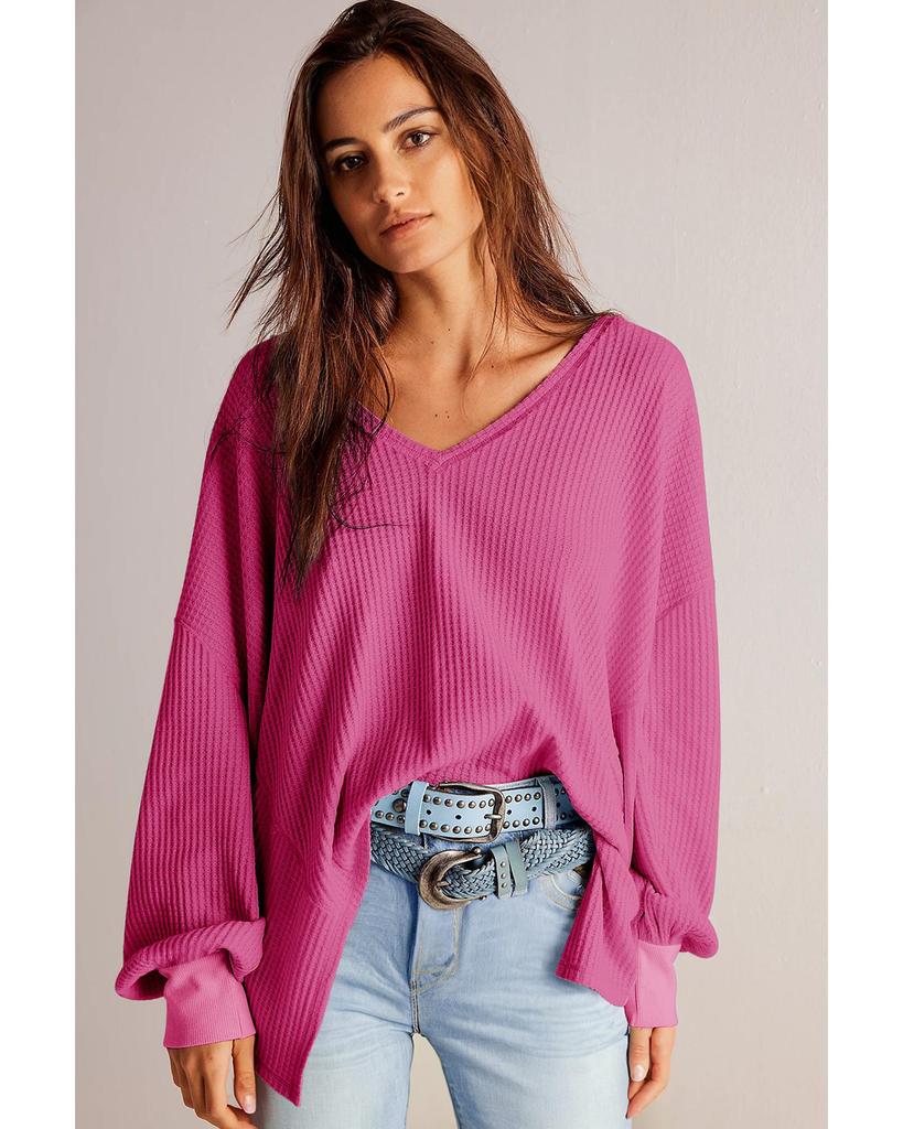 Azura Exchange Ярко-розовая вафельная блузка с V-образным вырезом, длинными рукавами и заниженной линией плеч