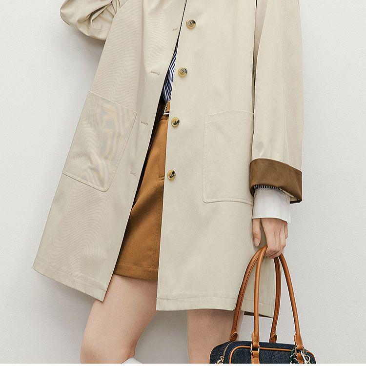 Женский японский тренч цвета хаки на осень 2025 года - Свободный крой, Цветной блок, Пальто средней длины с лацканами