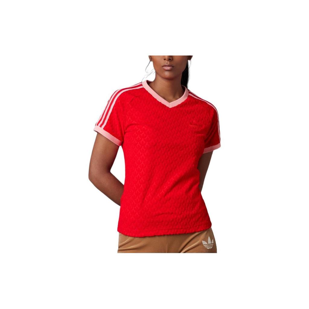 Adidas Originals Clover Logo Print V-Neck Pullover Short Sleeve T-Shirt Women Tops Red IB2057