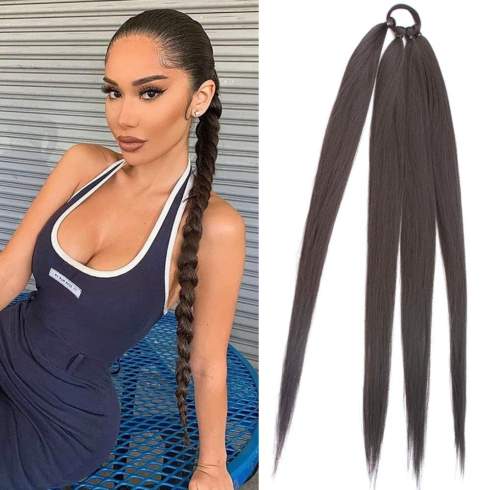 LISI HAIR Длинные косички яки, наращивание хвоста, синтетическая шиньон, боксерские косы, черная обертка вокруг шиньонного хвоста с резинкой
