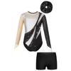 Kids Girls Gymnastic Leotard Long Sleeve Mesh Keyhole Back Design with V-Front Shorts Set