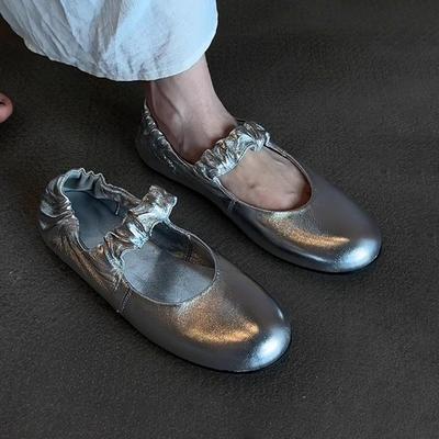 Версия из овчины~ Серебристые универсальные туфли-лодочки с круглым носком, женские плиссированные туфли на плоской подошве с открытой союзкой, из кожи, повседневные туфли Мэри Джейн