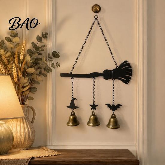 Hanging Wind Bell Halloween Witch Broom Chime, Holiday Party Decorative Metal for Indoor Outdoor Garden Patio Porch Chime