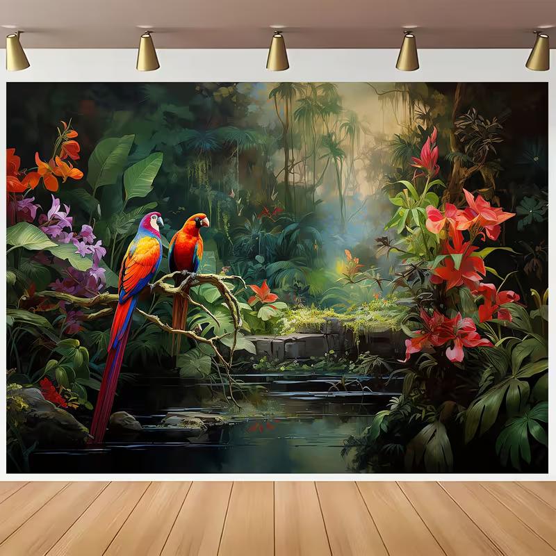 2D Colorful Parrot Jungle Backdrop, Tropical Forest Scenery Photography Background
