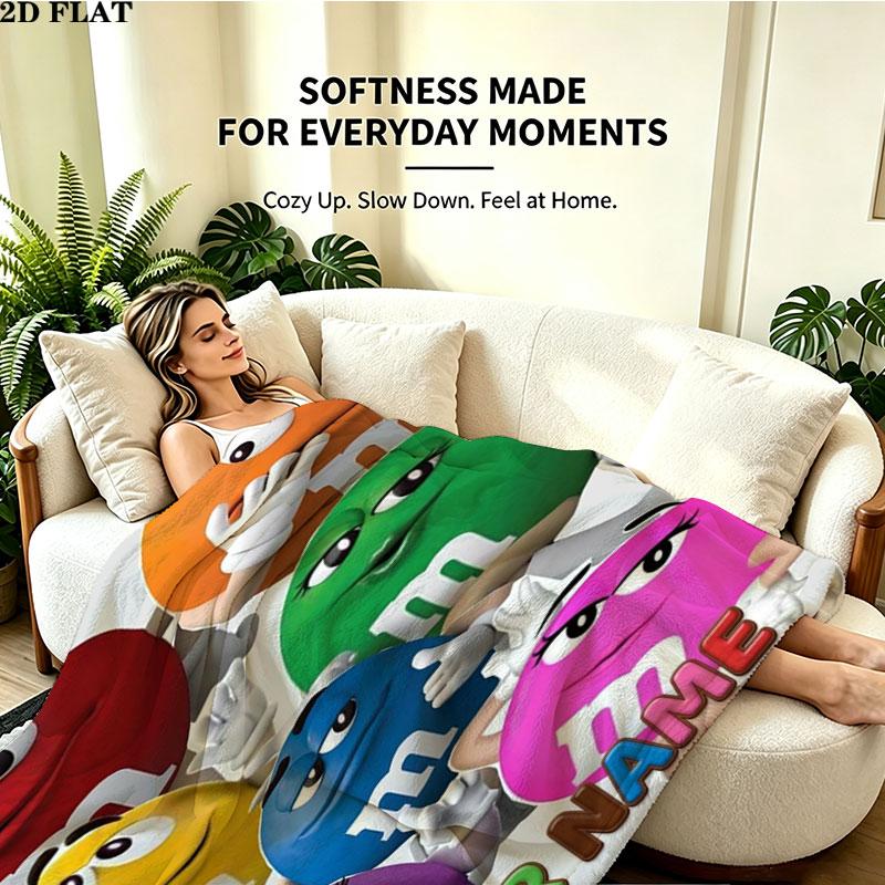 1PC M&M's Custom Name Patterned Flannel Blanket Suitable For All Seasons for Home Decor Warmth and Comfort Gifts Holiday Present