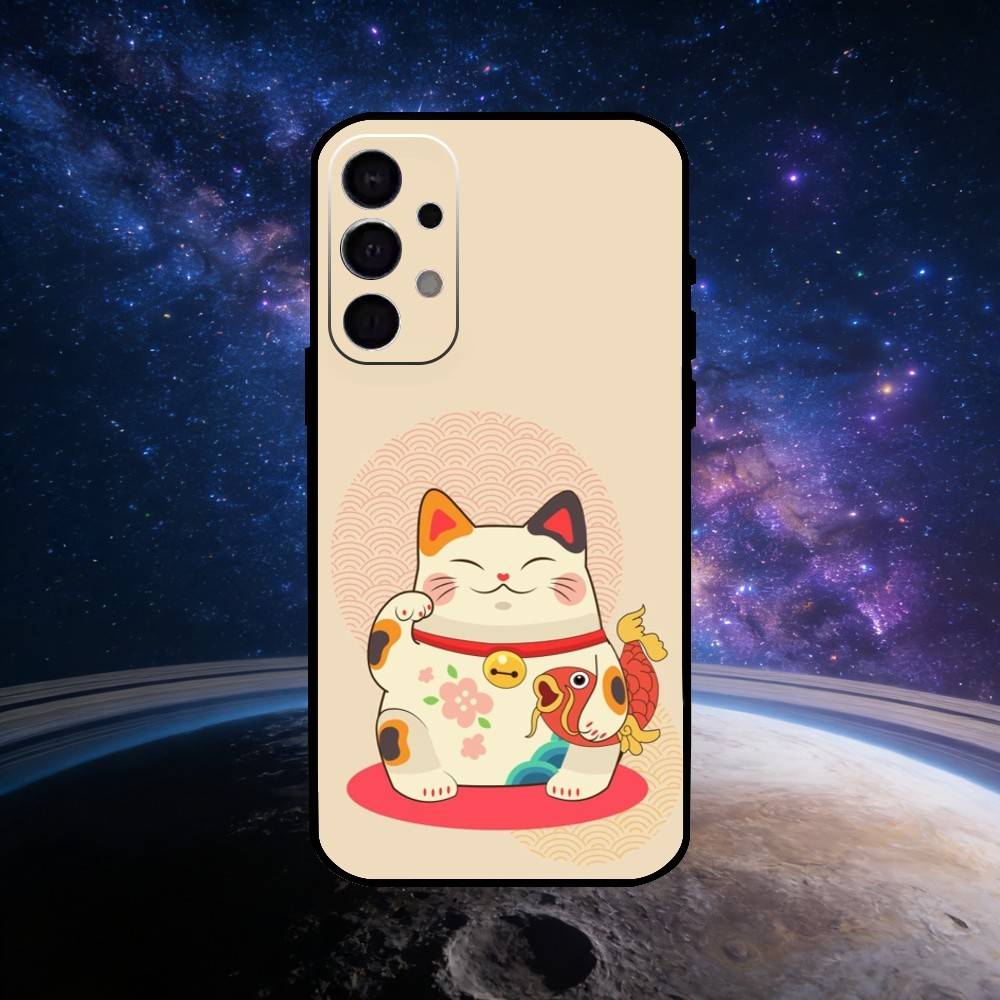 Cute Lucky Maneki Neko Cat Phone Case For Samsung S25,S24,S23,S22,S21,S20,Ultra,Plus,FE Black Soft Cover