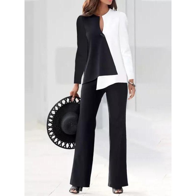 Women's Sets Casual Long Sleeve Round Neck Color Block Top Straight Trousers 2-piece Set