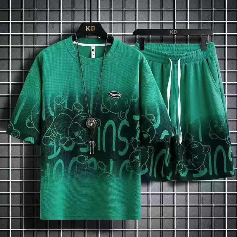 Мужской летний вафельный костюм из ледяного шелка, состоящий из двух частей, в стиле кэжуал - футболка с коротким рукавом и шорты