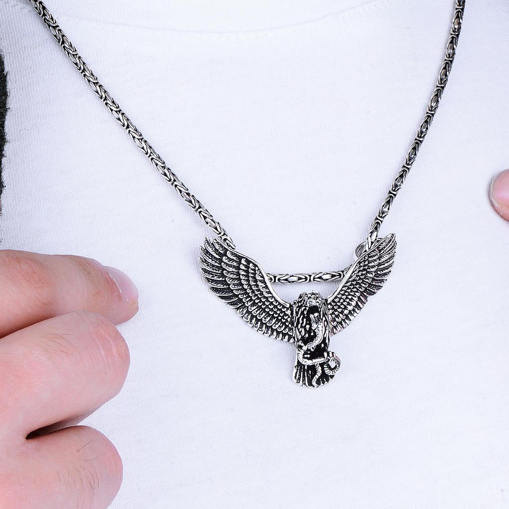 Majestic 925k Sterling Silver Eagle Pendant Necklace for Men, Articulated Moving Wings, Authentic Byzantine Chain, Unique Men's Gift