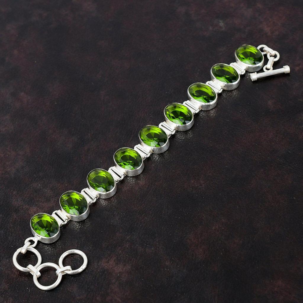 Граненый браслет с перидотом Ювелирные изделия ручной работы Браслет из настоящего драгоценного камня Браслет из стерлингового серебра 925 пробы Регулируемый браслет-цепочка Подарки на годовщину
