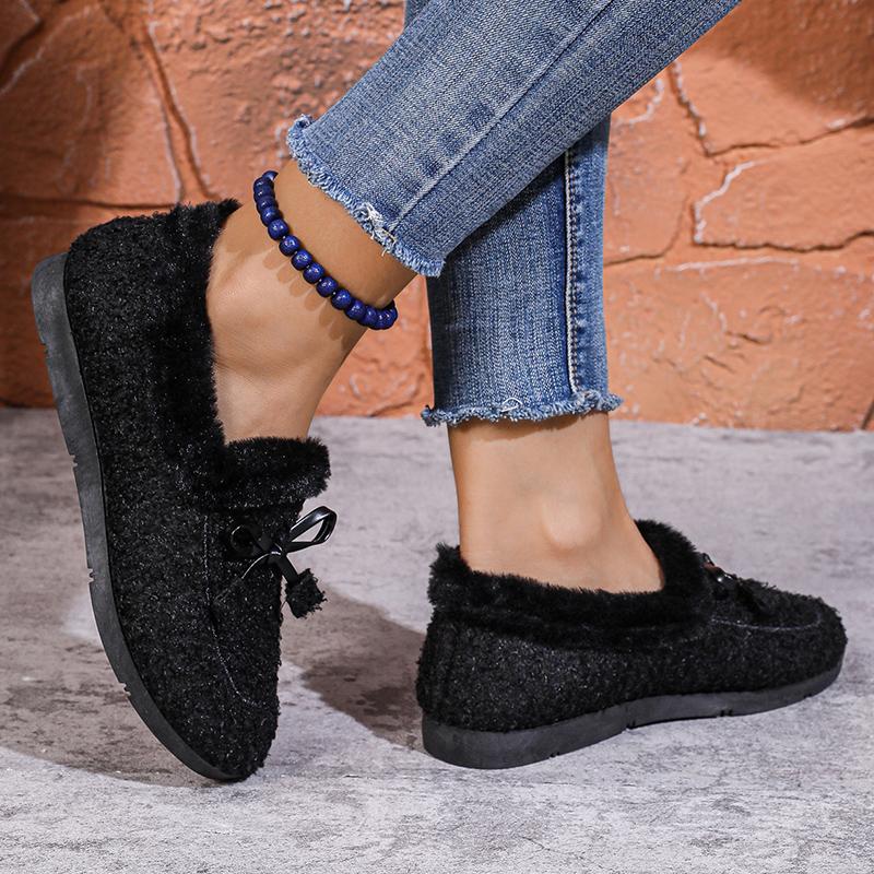 Туфли на плоской подошве женские мокасины с бантом из меха дизайнерская повседневная обувь короткие плюшевые хлопковые сапоги зимние новые брендовые теплые тренды 2024 года Zapatos Femme