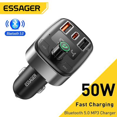 Essager Автомобильное зарядное устройство USB 50 Вт для телефона, FM-передатчик, Bluetooth 5,0, автомобильный комплект Hands Free, MP3-плеер, быстрая зарядка, автомобильное зарядное устройство для телефона