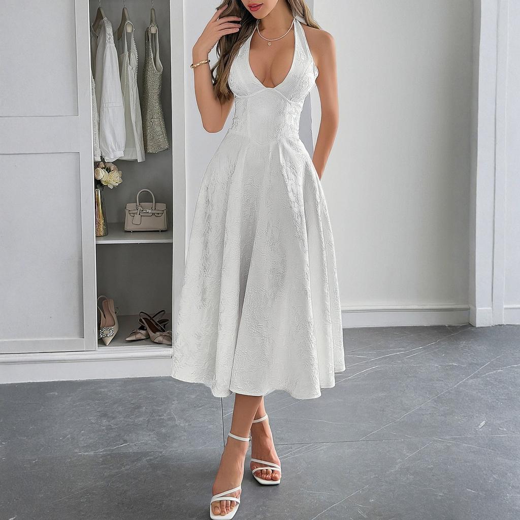 Женское модное однотонное элегантное платье с темпераментом, с вырезом на шее и поясом