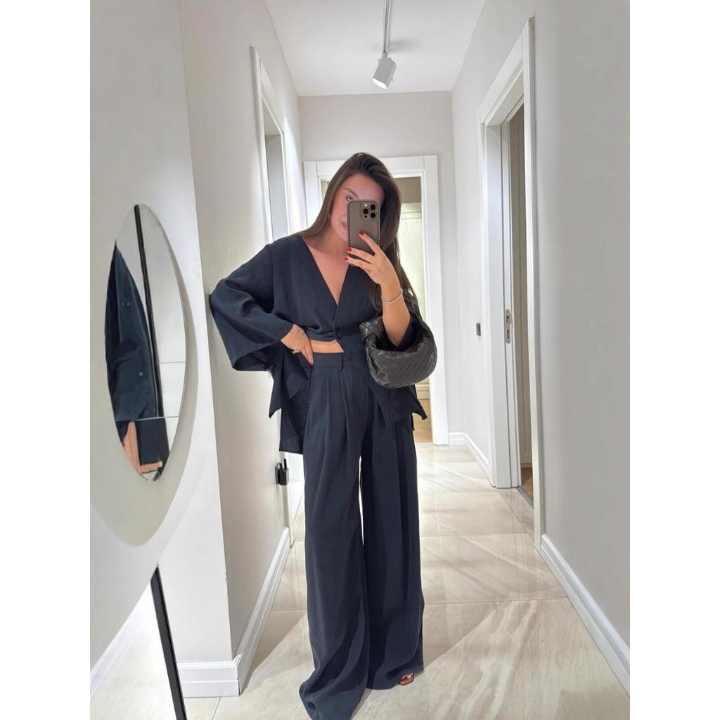 Women's Fashion Casual Suit V-neck One Button Loose Long Sleeved Top, High Waisted Trousers Two-piece Set