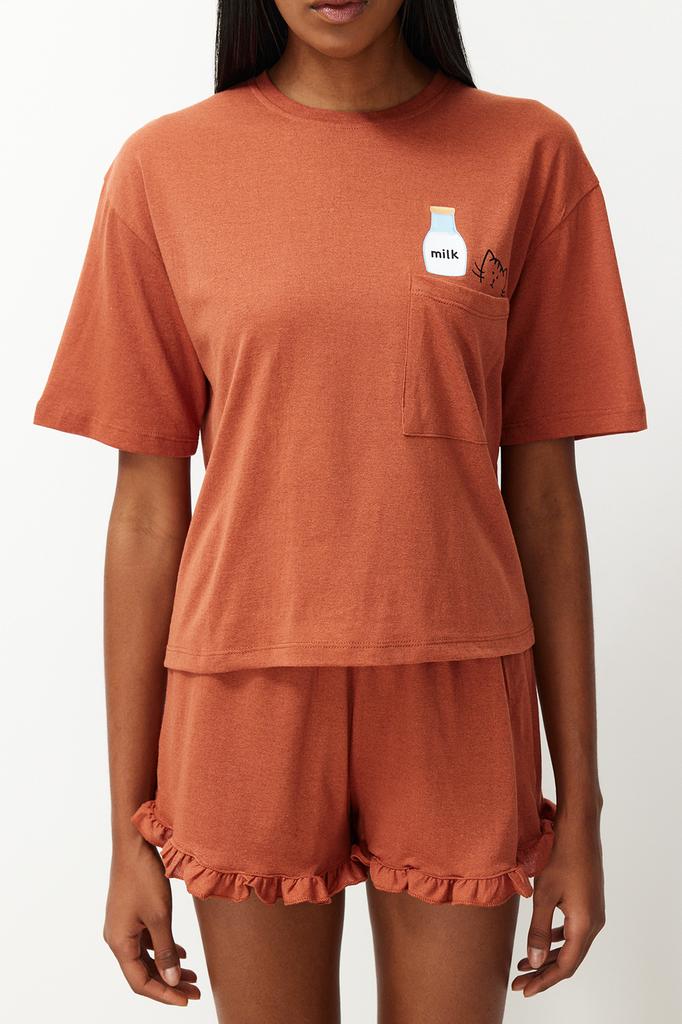 Women's Fashion New Pajama Set Gray Cotton Printed T-shirt-Shorts Knitted Pajama Set