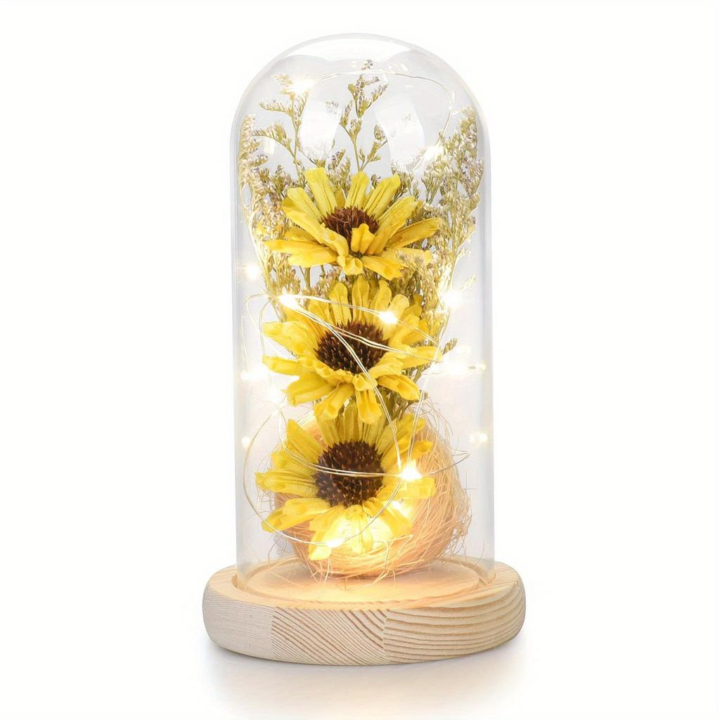 Sunflower Gifts for Women, Artificial Sunflowers In Glass Dome with LED Strip, Sunflower Decor On Mother's Day, Valentine's Day, Christmas