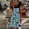 Summer Fashion Women's V Neck Short Sleeve Blue Curved Flower Printed Dress Sex Dress