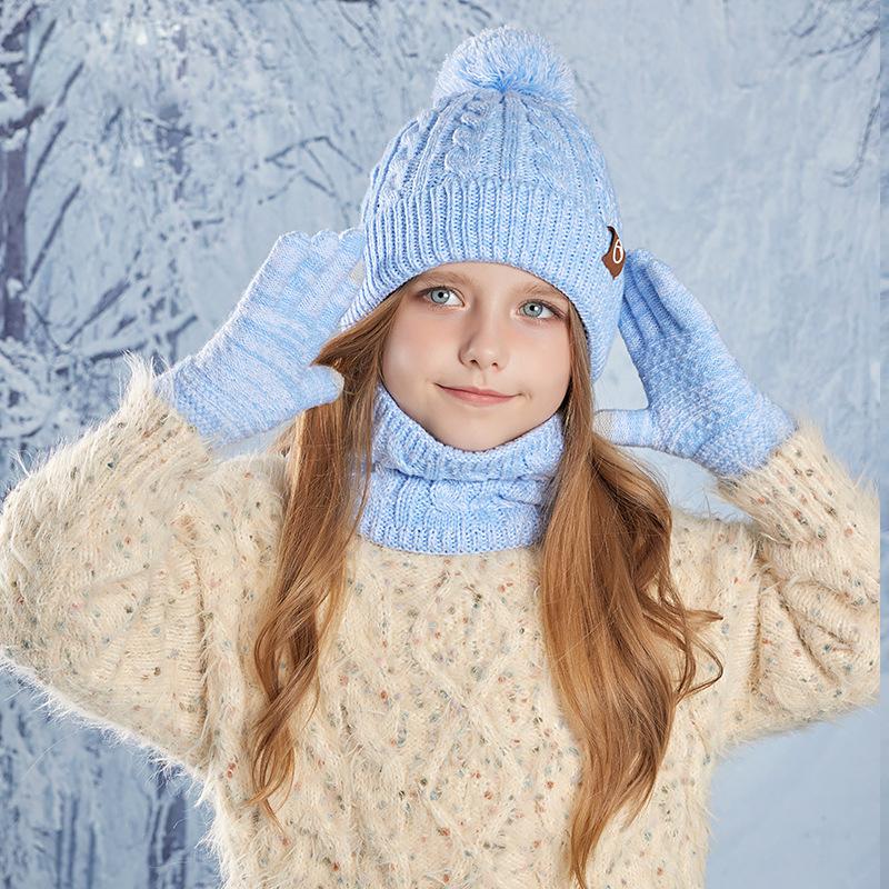 Children's Cap Scarf Gloves Three-Piece Set Coldproof Wool Cap Boys Girls Outdoor Warm Knitted Hat