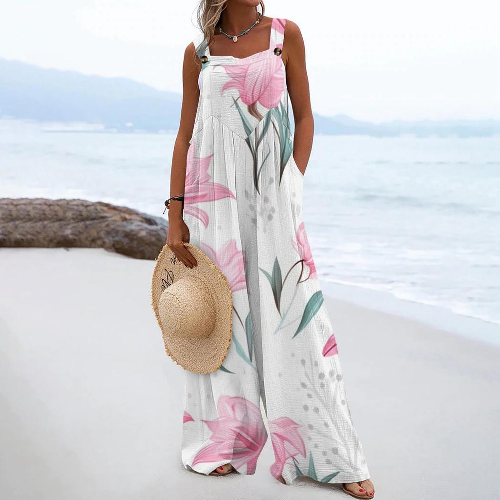 Женские комбинезоны, повседневные комбинезоны с широкими штанинами и принтом, комбинезоны без рукавов с карманами, наряды