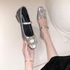 Mary Jane Shoes Women's Spring New Rhinestone Square Buckle Fashion Single Shoes Square Head Thick Heel High Heels Women