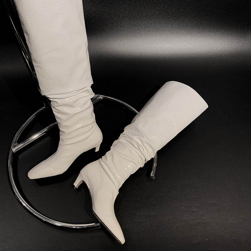 Krazing Pot Осенне-зимняя обувь из искусственной кожи, туфли без шнуровки на среднем каблуке с квадратным носком, женские сапоги до бедра со плиссированной отделкой и украшением