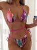 European & American Tie-Dye Three-Piece Deep V Bandage Bikini Set with Sexy Hollow-Out Design