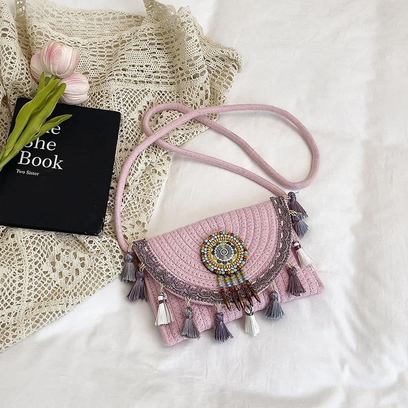 Национальная пляжная плетеная сумка женская летняя новая контрастного цвета с бахромой соломенная плетеная повседневная на плечо сумка-мессенджер