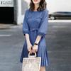 Casual Zanzea Neck Round Women Solid Color 34 Sleeve Loose Midi Dress