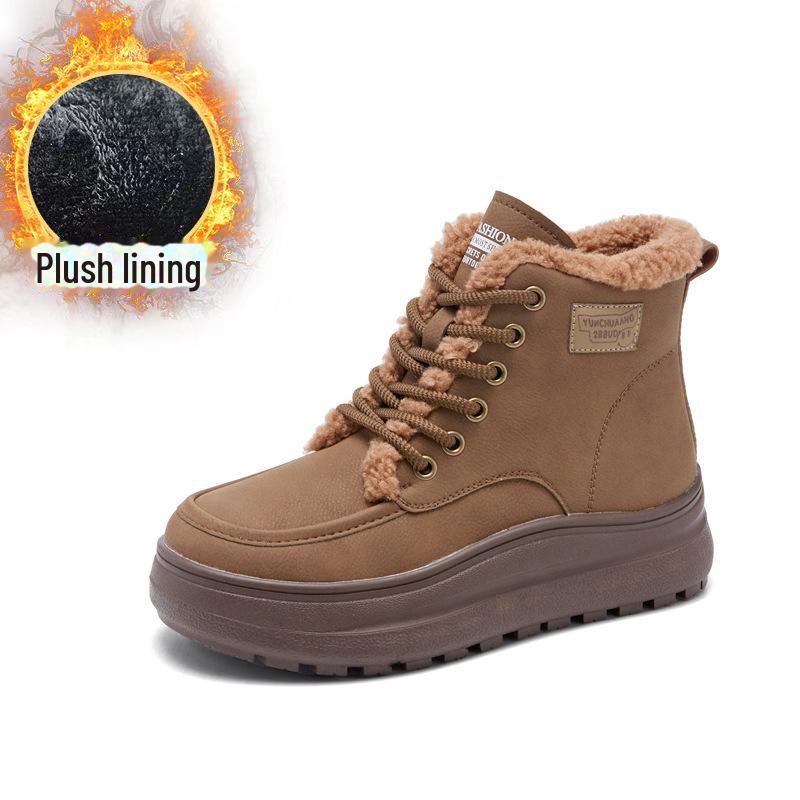 Женские нескользящие ботинки из овчины для снега осень/зима 2024 года: Теплые, толстые бархатные, ретро-хлопковые, короткие меховые сапоги на толстой подошве