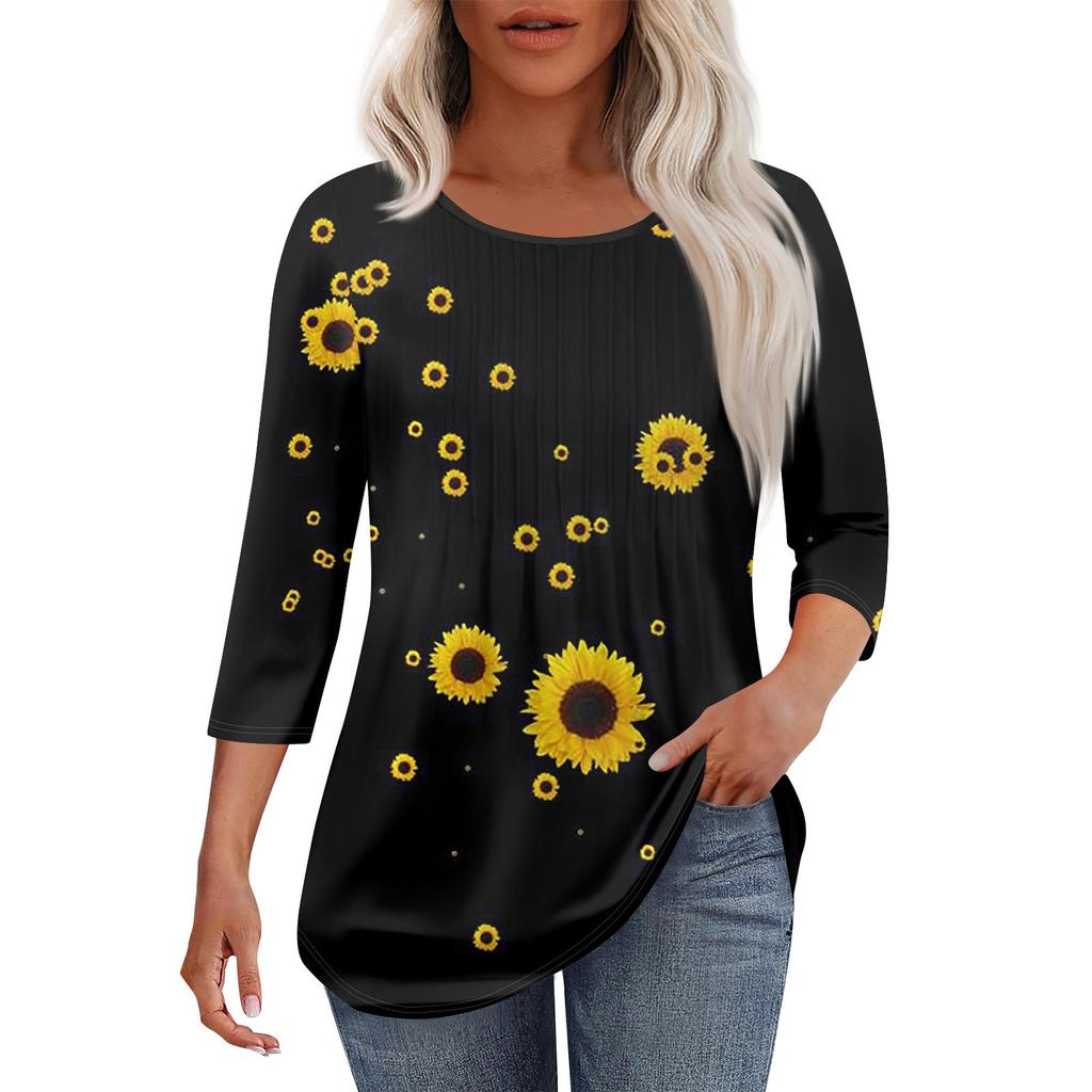 Рубашки с рукавом 3/4 для женщин, модные, повседневные, с круглым вырезом, с принтом, футболка, топ