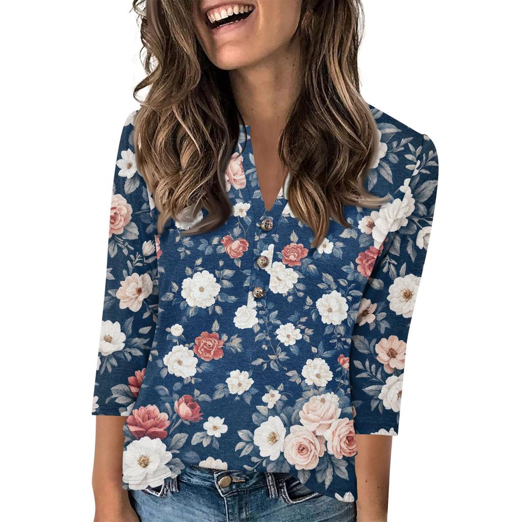Женский модный повседневный пуловер с рукавом 3/4, принтом на пуговицах и V-образным вырезом