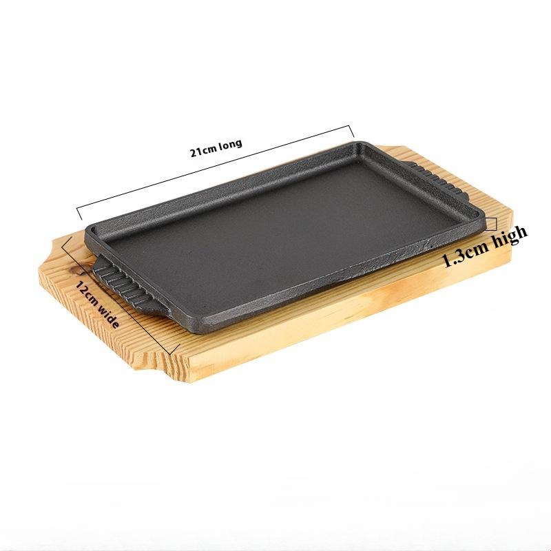 Cast Iron Rectangle Shape Restaurant Barbecue Plate Steak Sizzling Hot Pan Plate with Wooden Base Teppanyaki Grilled Fish Tray