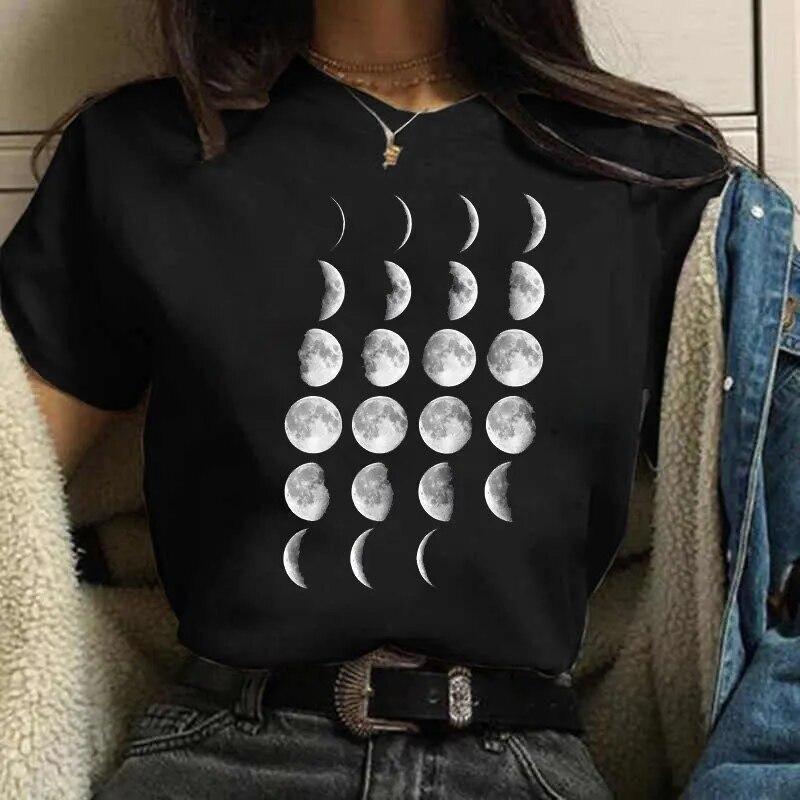 Casual Women's Round Neck T-shirt Lunar Eclipse Printed Women's T-shirt New Eclipse of the Moon Moon Style Women's White T-shirt