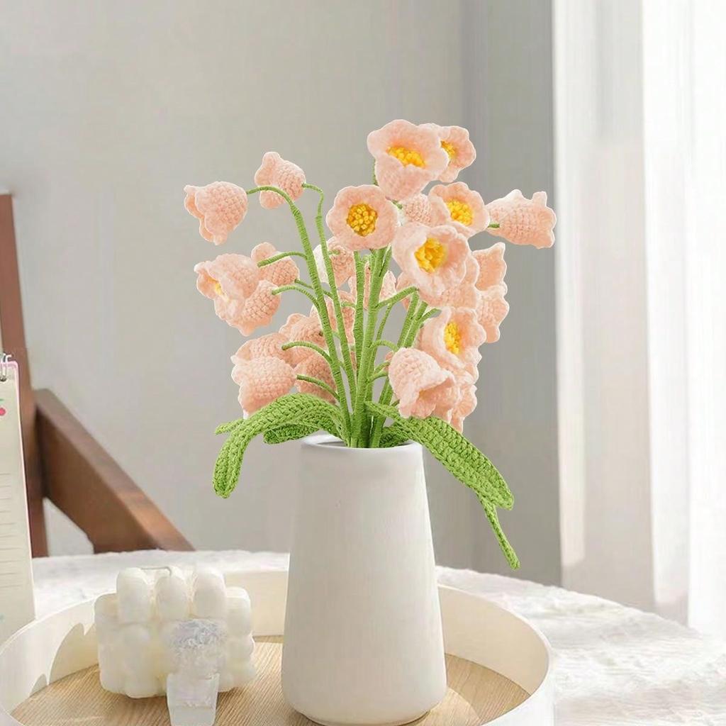 3PCS Artificial Crochet Flowers Handmade Knitting 5Heads Lily of The Valley Woven Flowers with Stems for Valentine's Gifts Home Wedding Party Office