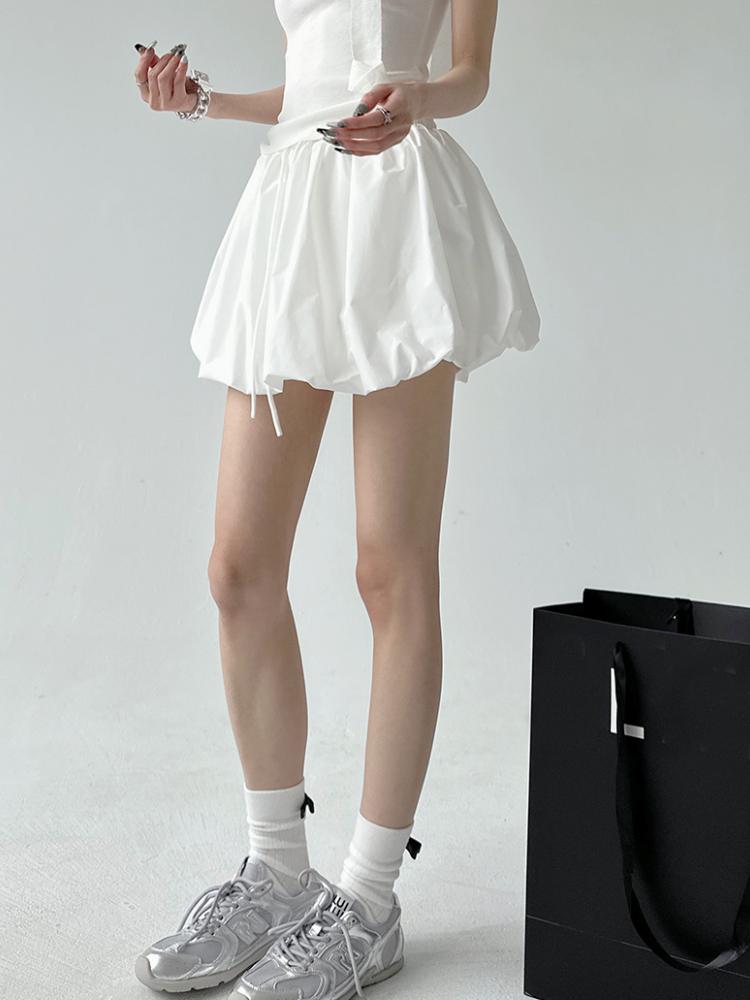 Корейская винтажная мини-юбка-баллон, женская летняя уличная одежда, модная трапециевидная юбка с высокой талией, милая сексуальная плиссированная юбка-пузырь на шнурке