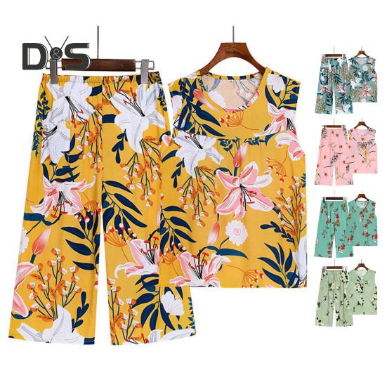2 Pcs/Set Women Vest Pants Set Flower Print Round Neck Sleeveless Loose Pleated Elastic Waist Wide Leg Casual Homewear Mid Aged Mother Pajamas Set