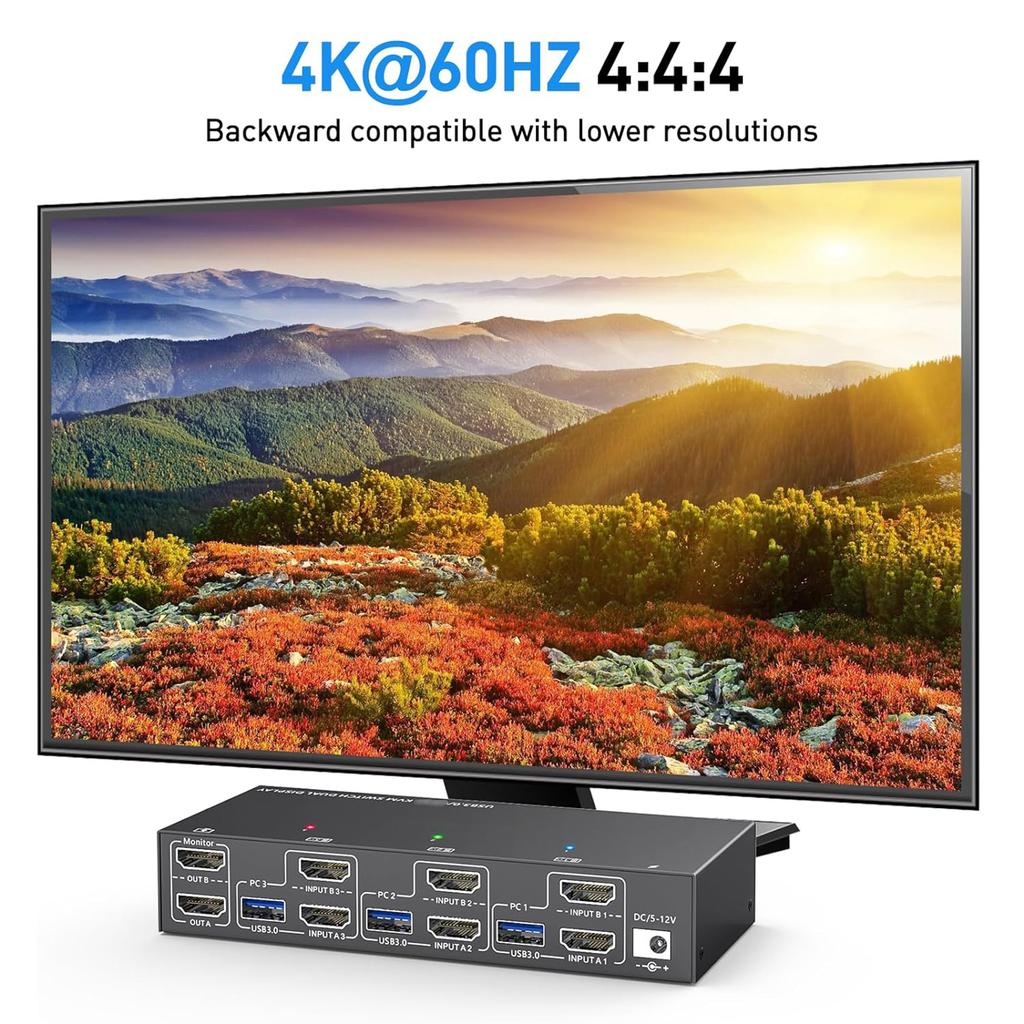 KVM-переключатель для двух мониторов   USB 3.0   -совместимый KVM   2 монитора 3 ПК 4K@60Hz 2K@144Hz, эмулятор EDID, KVM для двух мониторов   с 4 портами USB 3.0