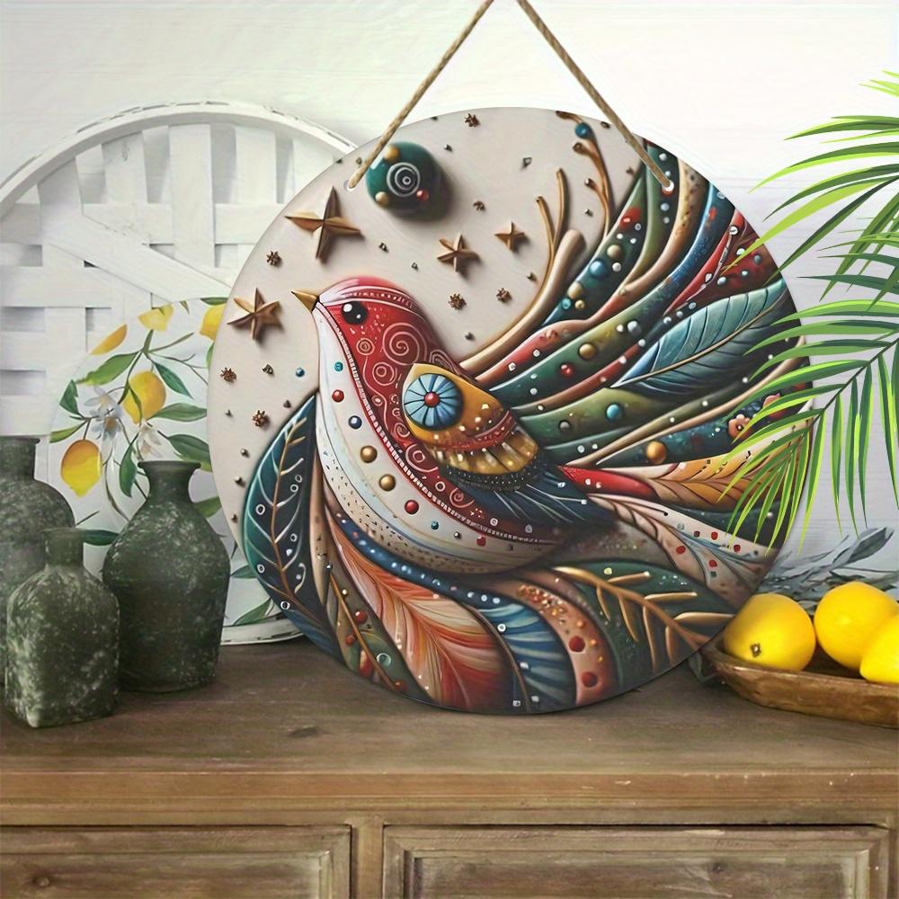 Wood 1pc 2D Colored Feather Bird Stars Wooden Porch Wreath Hanging Print Sign for Sports Fans Painting Home Fence for Door, Wall, Home, Room