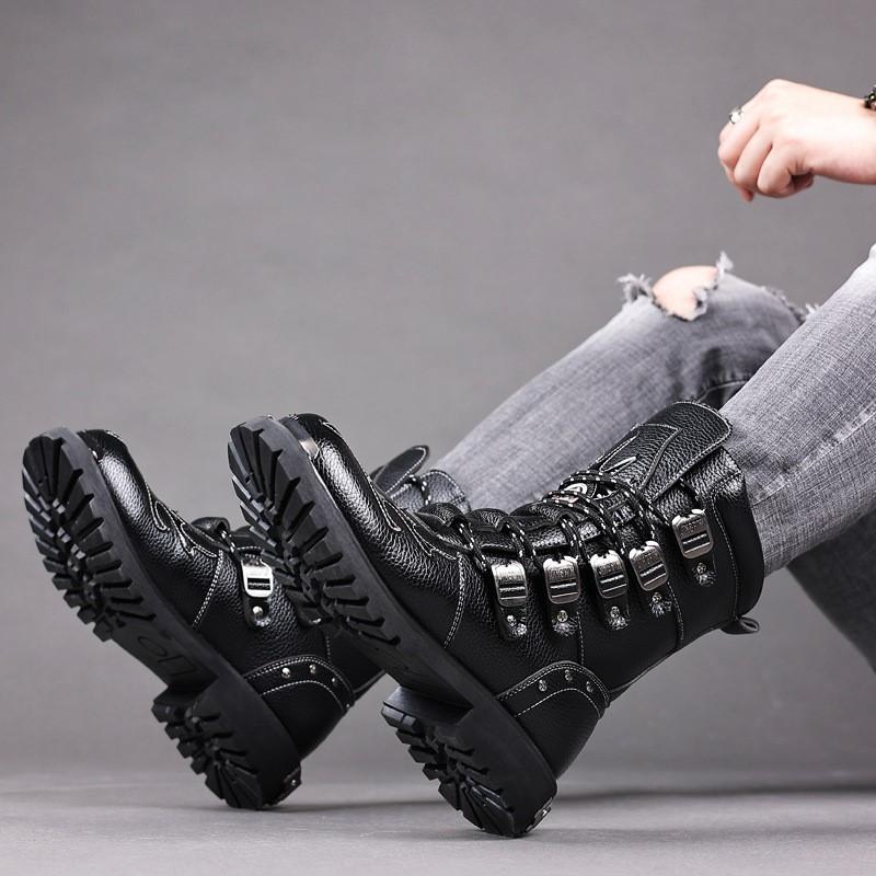 Fashion Mens Motorcycle Boots Leather Boots New Fashion Cowboy Shoes Outdoor Sports Military Tactical Boots Gothic Punk Boots D474