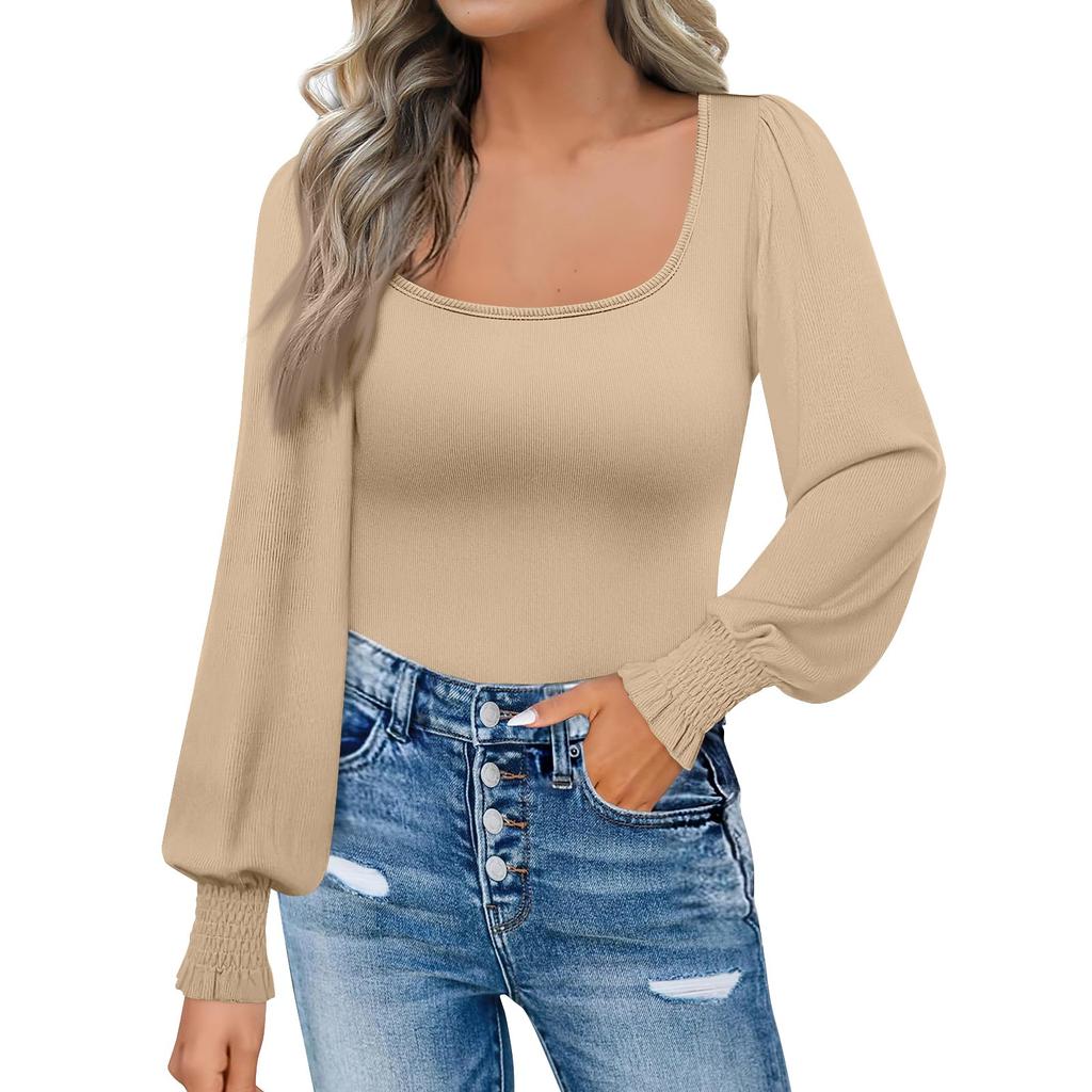 Women's Fashion Casual Square Neck Slim Bubble Long Sleeve Solid Color Top