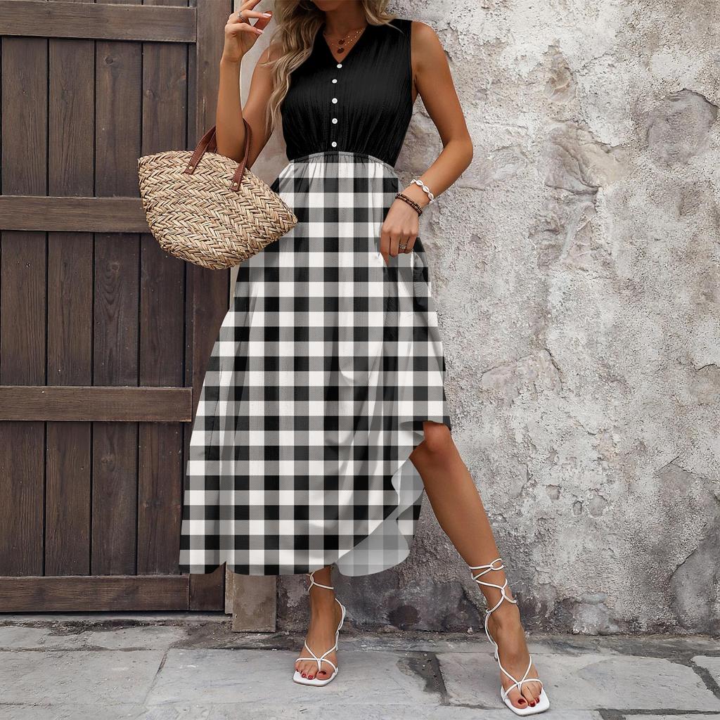 Women's Casual And Fashionable V-neck  Sleeveless Printing Mid Length Dress