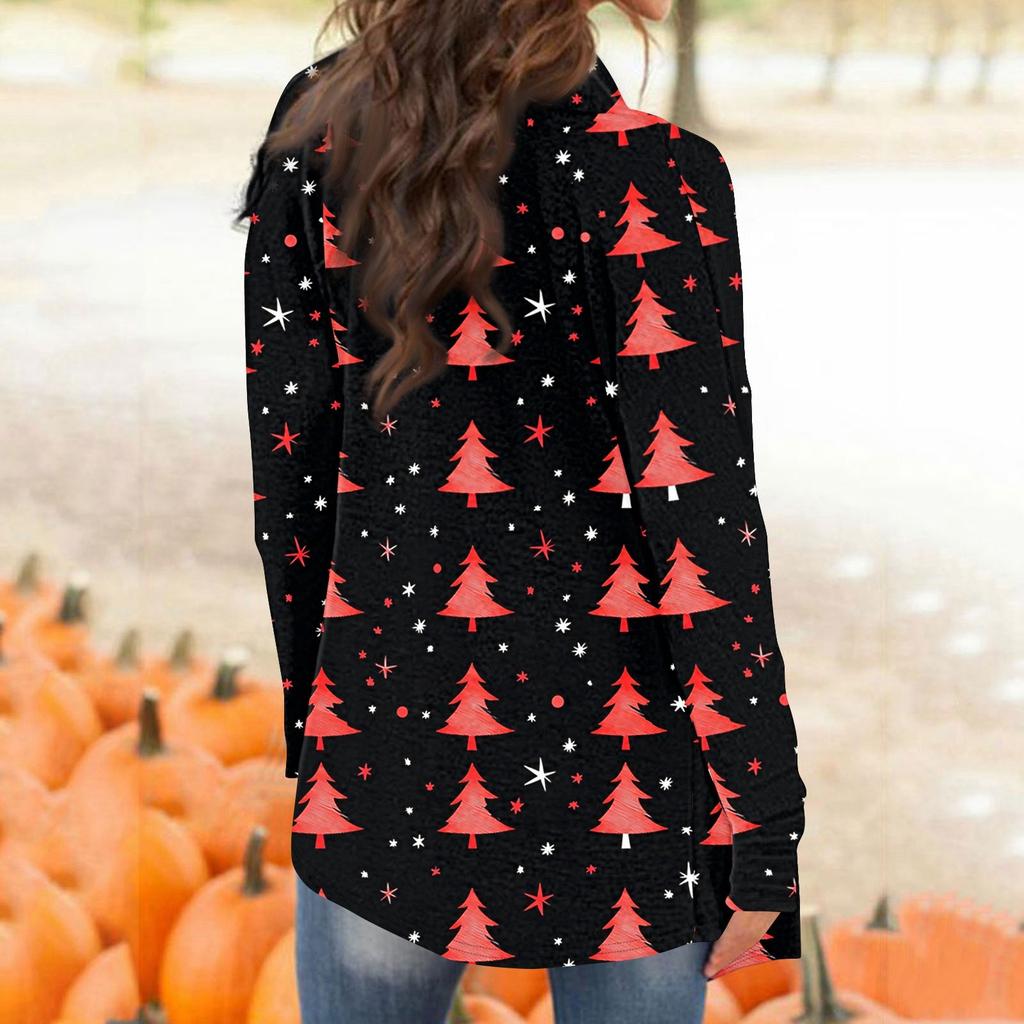 Women's Fashion Christmas Print Jacket Long Sleeve Casual Cardigan Coat