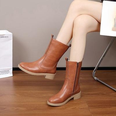 Модные женские кожаные полусапоги до середины икры с круглым носком, на среднем каблуке, осенне-зимние, демисезонные, Y2k, готическая обувь, распродажа