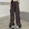 Lady Trousers Women Cargo Pants Hip Hop Baggy Solid Color Multi Pockets Elastic Waist Match Top Loose Breathable Clothes