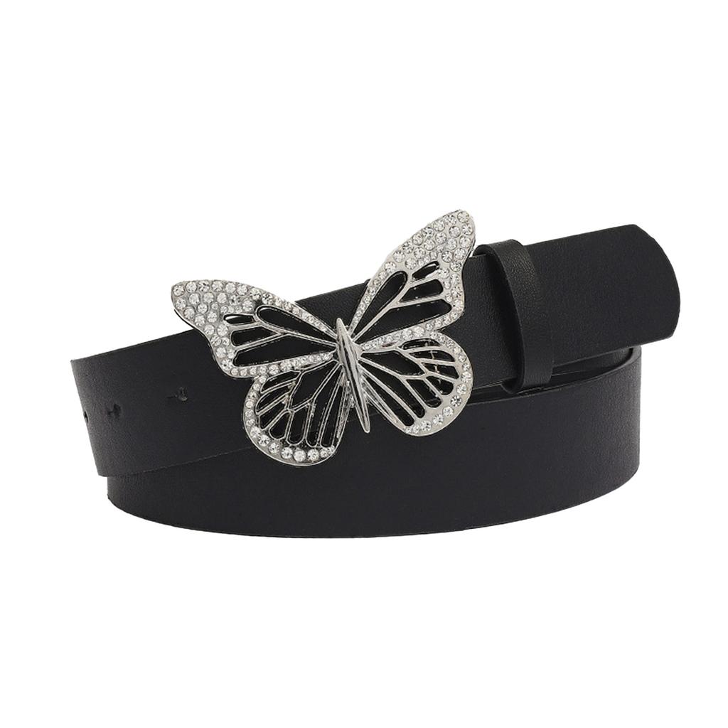 Rhinestone Butterfly Buckle Belt Fashionable Pu Leather Women Wide Belt for Dress Shirt Decoration Black Free Size