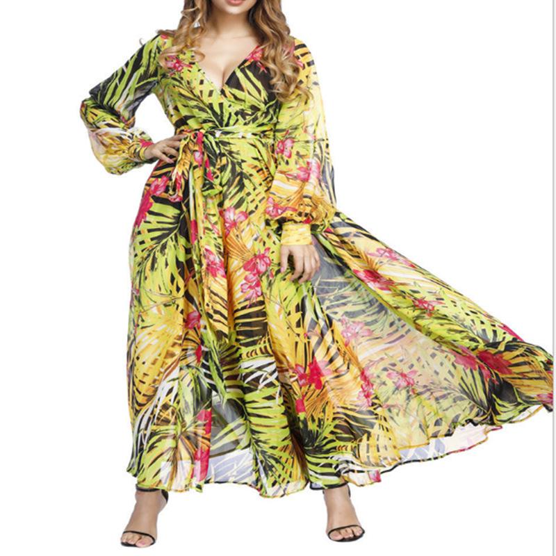 Summer new European and American lantern sleeves sexy deep V print, dress green leaf long dress