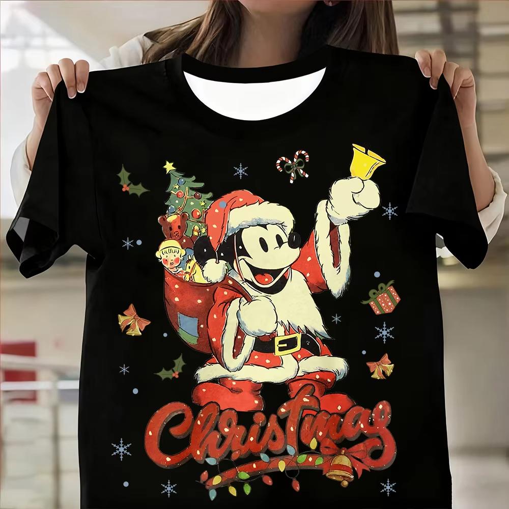 New Mickey Santa Claus Christmas Vintage Print Womens Brand Clothes Oversized TShirt Summer Fashion Casual Streetwear